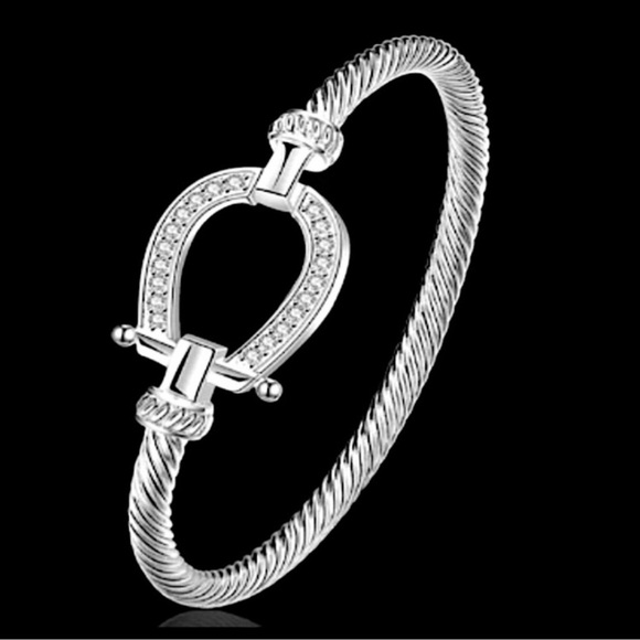 Horseshoe Sterling Silver Zircon Bangle Bracelet - Picture 4 of 8